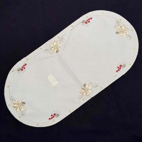 German Embroidered Christmas Table Runner 11x22 Gold Thread Poinsettia Place Mat - Picture 2 of 7